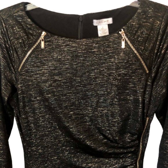 Cache Ruched Front Sheath w/ Goldtone Zippers - Black/Gold - M - Picture 3 of 9